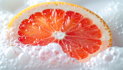 Grapefruit slice macro with vibrant orange and pink hues surrounded by egg white bubbles, highlighting juicy texture and freshness in scientific close up style
