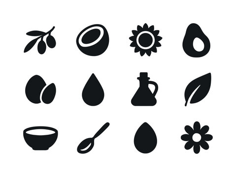 Plant-Based Oils Icons. Plant-based oils. Solid icon set of Plant-based oils: olive branch, coconut, sunflower, avocado, argan nut, drop, bottle, leaf, bowl,