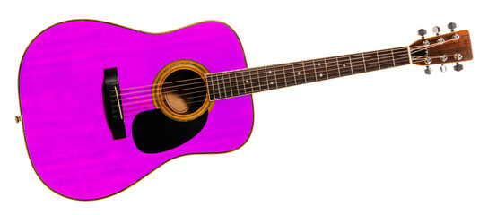 Obraz premium Acoustic guitar with a purple wooden body isolated on white background, Classic acoustic guitar on white background with work path PNG File.