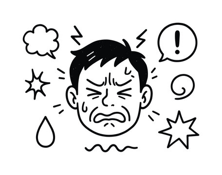 Painful Expression Doodle. Painful expression. Hand-drawn doodle illustration Painful expression scrunched face, tight cheek lines, closed eye arc, tension