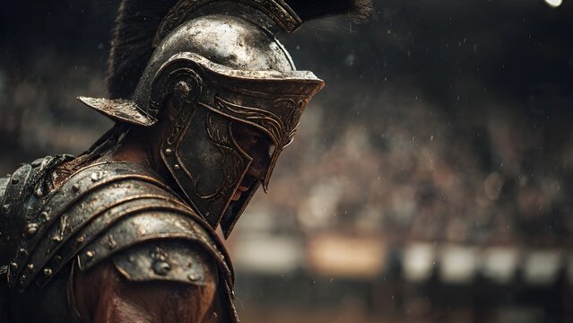 a roman gladiator stands in a dusty arena	