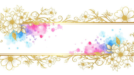 Luxurious golden wallpaper. Banner with flowers. Watercolor pink, blue, lilac spots on a white background. Shiny flowers and twigs. Vector file.