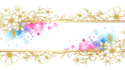 Luxurious golden wallpaper. Banner with flowers. Watercolor pink, blue, lilac spots on a white background. Shiny flowers and twigs. Vector file.