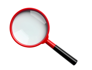 Top-Down View of Red Magnifying Glass with Black Handle, Minimal Flat Lay, Isolated