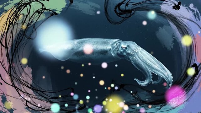 Illustration of a Cuttlefish Swimming in a Deep Ocean Environment with Ink Streaks and Colorful