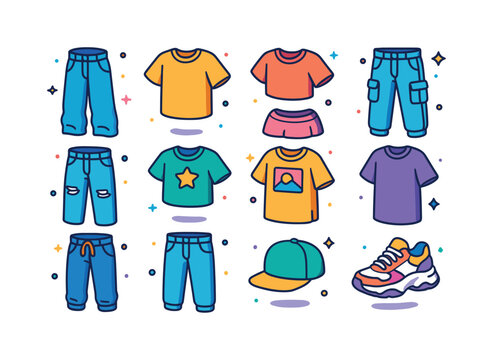 Streetwear Icons Set. Streetwear basics. Colorful isometric vector icons set of streetwear basics: baggy jeans, boxy tee, cropped tee, denim cargo pants,