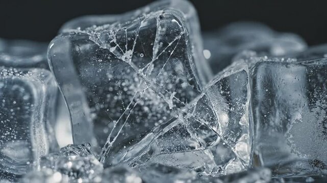 Close up of clear ice cubes being struck by water against a black background