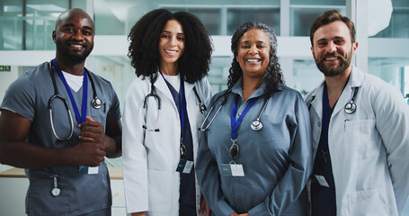 Portrait, doctor and happy people in hospital with pride for medical support, collaboration or...