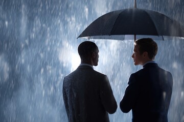 Two adult males in business suits sharing an umbrella in the rain
