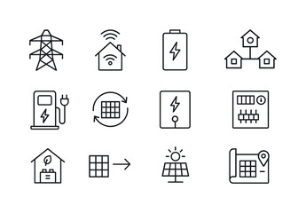Clean Energy Icon Set. Clean Energy Infrastructure. Line icon set of Clean Energy Infrastructure: transmission tower, smart grid, energy storage battery,
