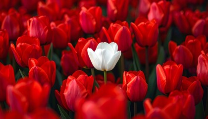 Beautiful red tulips are blooming in the vibrant spring garden