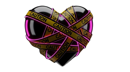 Black Heart with Caution Tape and Neon Glow Anti-Valentine's Day, Breakup, Single Life on Transparent PNG Background
