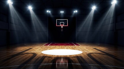 Experience the powerful ambiance of a professional basketball court, brilliantly illuminated by an array of spotlights, ready for intense athletic competition