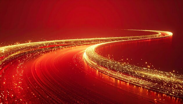 Abstract red background with golden waves and flowing curves of light