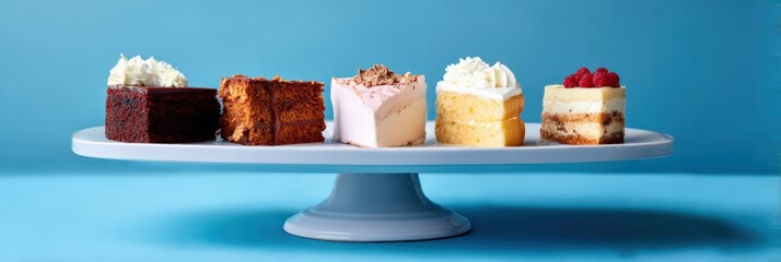 Assorted gourmet cakes on white platter against blue background