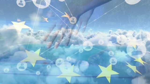 Animation of european union stars over connections, clouds and hands of woman recycling plastic