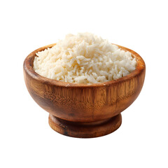 Wooden bowl filled with cooked white rice, isolated on transparent background