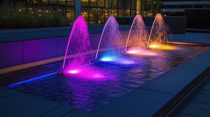 Colorful fountains at night, illuminated by LED lights in a modern urban setting. Water jets in shades of pink, blue, and orange shoot into the air