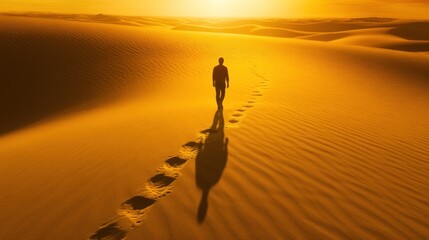 Silhouette of person walking on a golden desert dune landscape at sunrise