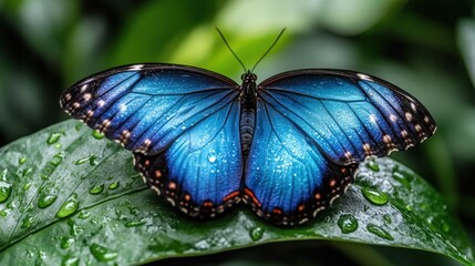 Vibrant blue butterfly on a lush green leaf