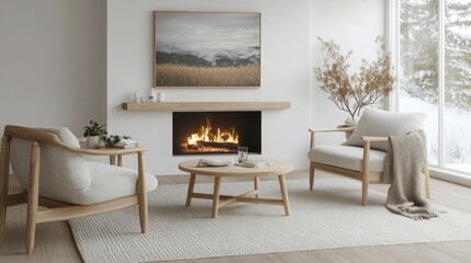 Cozy modern living room with fireplace and mountain landscape art
