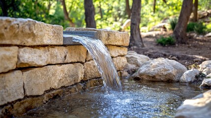 Stone wall water feature, cascading water, tranquil scene