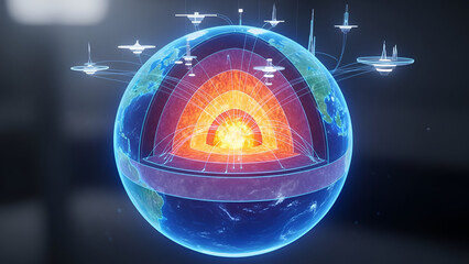 Futuristic visualization of Earth's internal structure including the core mantle and crust layers showing advanced geothermal energy extraction technology in space