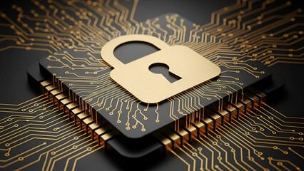 Golden padlock icon rests securely upon a futuristic black microprocessor surrounded by glowing golden circuit board traces representing digital data protection and network security concepts.