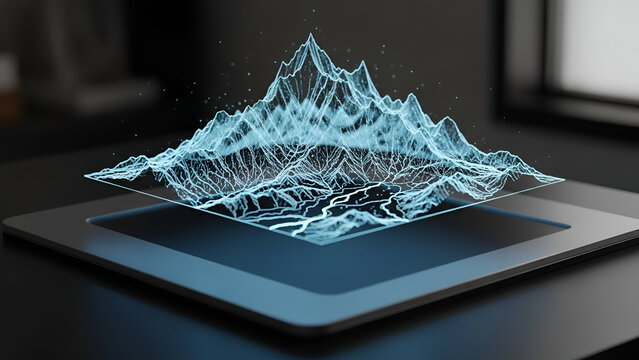 Holographic topographic map projection illustrating complex mountain elevation data rising dynamically from a futuristic digital tablet surface in a dark environment