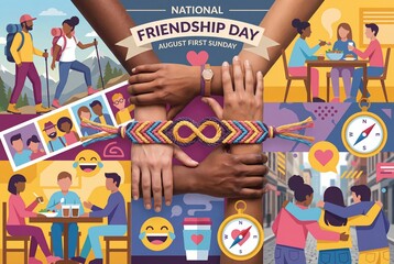 Obraz premium Diverse friends celebrate National Friendship Day with activities and shared moments.