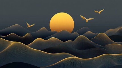 Abstract landscape of dark mountains, a large yellow sun, and birds