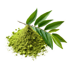 Matcha Powder with Fresh Tea Leaves isolated on transparent background