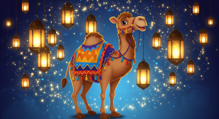 Cheerful camel celebration desert festival animated image nighttime whimsical concept