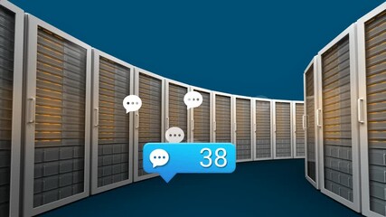 Animation of social media icons and numbers over servers - Powered by Adobe