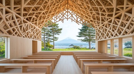Light-filled wooden chapel with mountain view