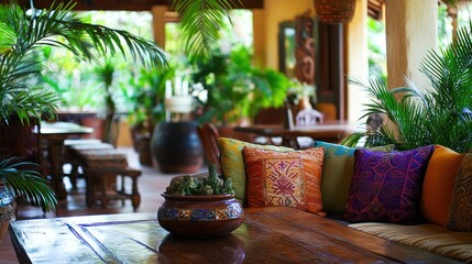 Tropical indoor cafe with colorful cushions and plants