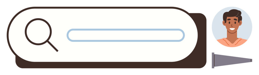 Obraz premium Online browsing, personal identity, profile management, search tools, user interface, web navigation. Search bar with a magnifying glass next to a smiling profile icon. Online browsing and personal