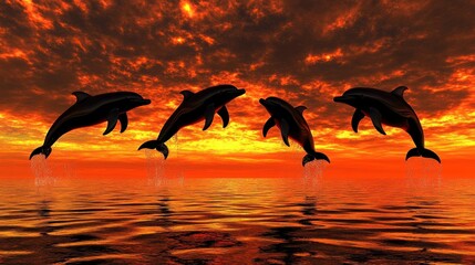 Silhouettes of four dolphins leaping in the fiery sunset