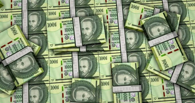 Paraguay guarani Paraguayan money banknotes 3d animation. 100000 PYG packs concept of inflation, economy, crisis, business, banking, debt and finance.