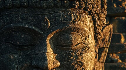 Close-up of weathered stone Buddha head, intricate carvings