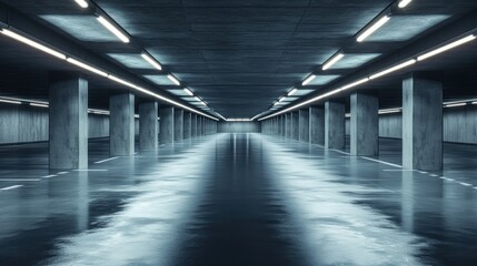 Empty underground parking garage, lit by fluorescent lights