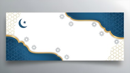 Clean Ramadan banner mockup with crescent moon icon, subtle geometric accents, blue and gold palette, and realistic lighting. Large copy space makes it ideal for advertising and promotional designs.