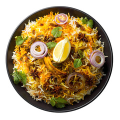 Delicious creamy peanut noodles with vegetables and herbs served on a plate isolated on transparent background