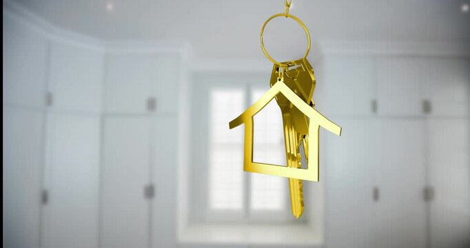 Animation of gold house key fob and key hanging in front of blurred house with for sale sign