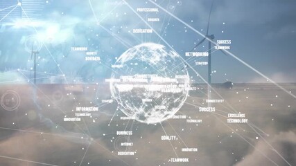 Animation of clouds, connections and globe over wind turbines - Powered by Adobe