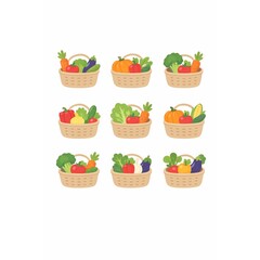 やさしいタッチの野菜入り買い物かごイラストセット（9種）