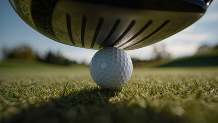 Closeup golf club over ball.