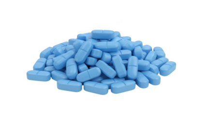 Pile of light blue oblong pills with score lines isolated on a transparent background medicine medication
