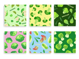 Colorful vector patterns show various greens like lettuce and broccoli arranged in different styles. The designs highlight fresh vegetables and salad elements. Perfect for food-related projects.