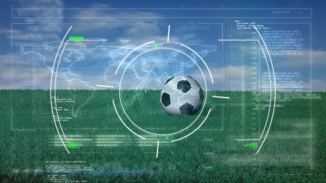 Animation of viewfinder and data processing on digital screen over soccer ball on field